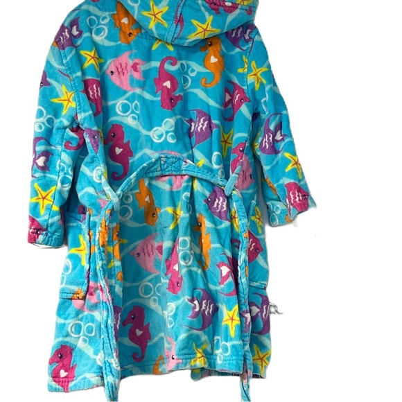 Girls blue Multicolor under the sea Open Front Belted Hooded Swim Bathrobe Sz 5 - Picture 3 of 5